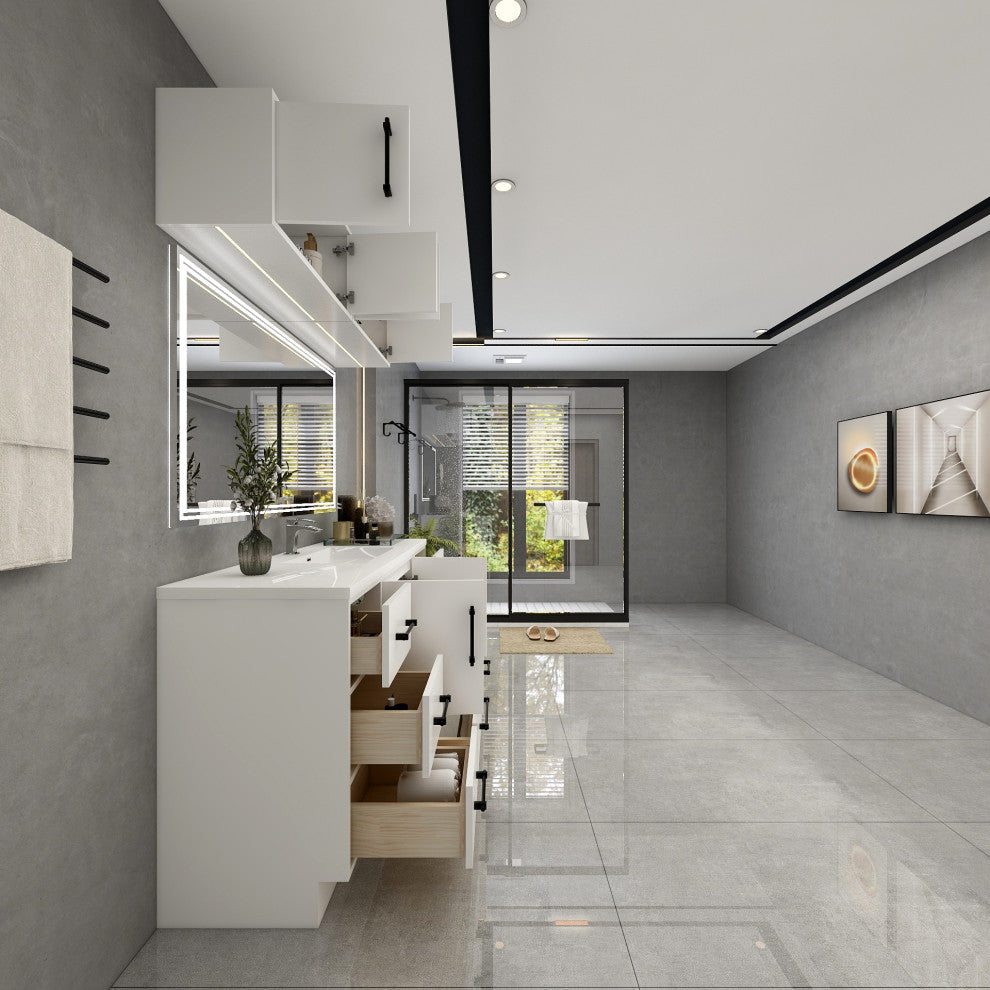 Victoria 60" Solid Wood Vanity Single Sink, Overhead Cabinet, Glossy White