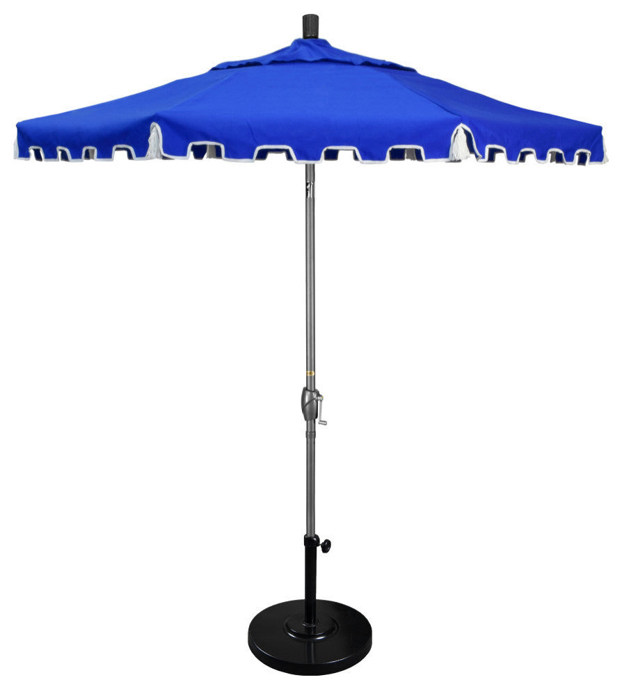 9'' Gray Greek Key Patio Umbrella With Push Button Tilt and Tassels, Pacific Blue