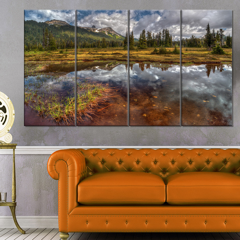 Shallow Lake under Cloudy Sky, Landscape Canvas Print, 48"x28", 4 Panels