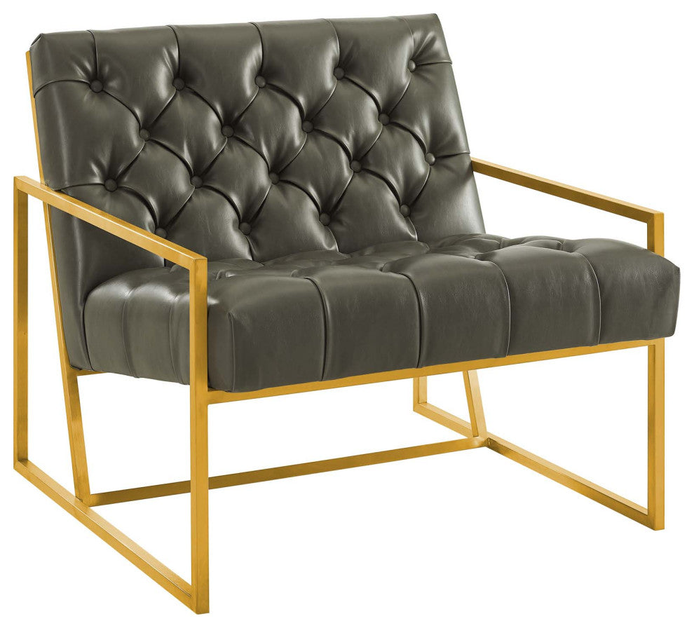 Bequest Antique Gold Stainless Steel Faux Leather Accent Chair, Gray