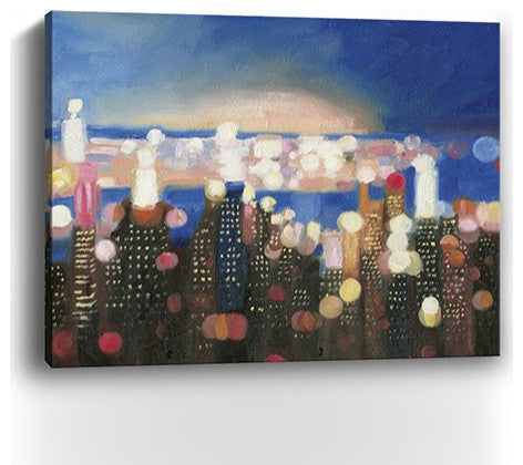 30" x 24" Watercolor City Lights on the Horizon Canvas Wall Art