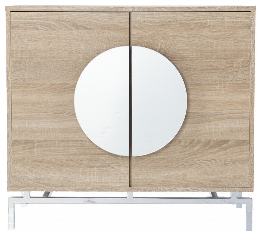32" Natural and Chrome Mirrored Circle Double Door Bar Cabinet