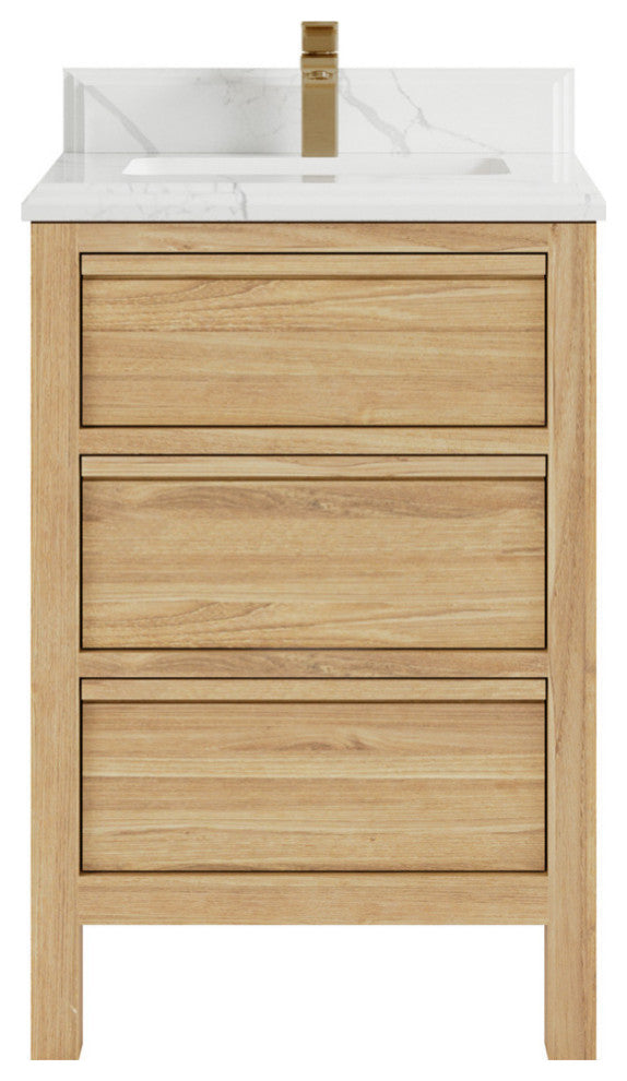 Elizabeth 24 Single Sink Bath Vanity in Light Natural Teak 1.5" Calacatta Laza