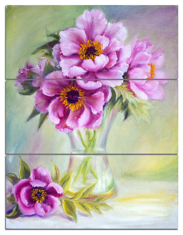 "Purple Peonies in Vase" Glossy Metal Wall Art, 3 Panels, 28"x36"