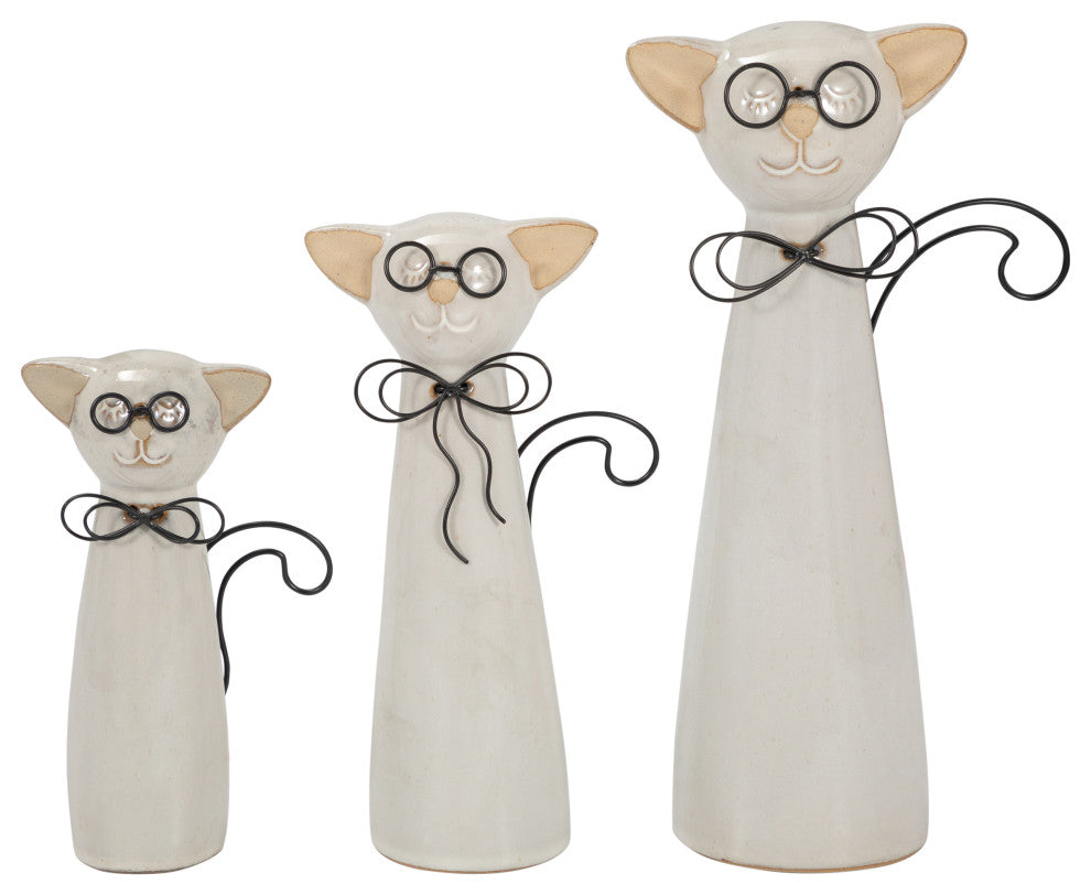 Ceramic 7"H Cat With Glasses, Beige