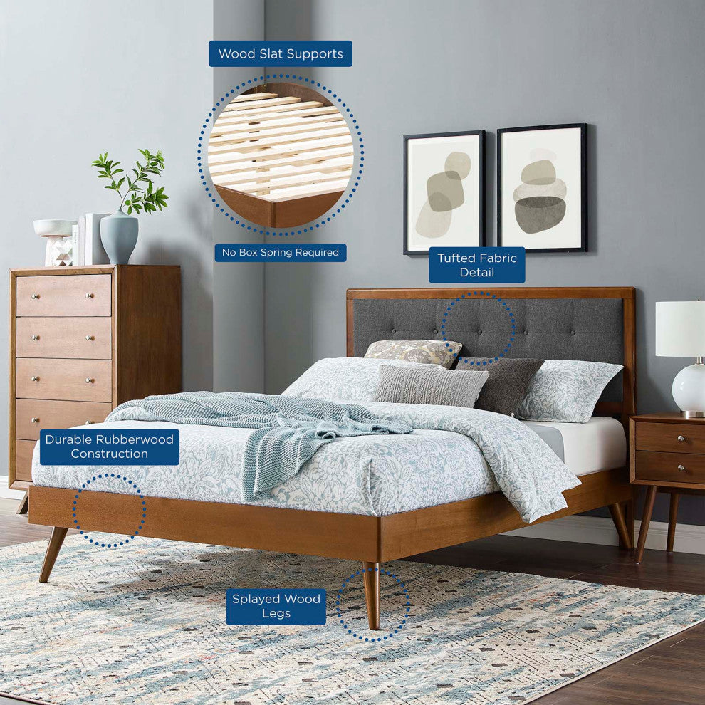 Platform Bed Frame, King Size, Wood, Brown Walnut Gray, Modern Mid-Century