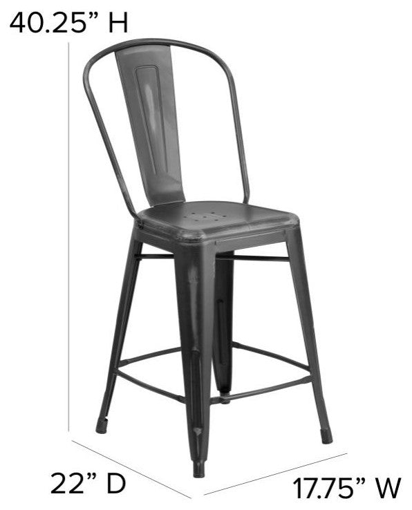 Carly Commercial Grade 24" High Metal Indoor-Outdoor Counter Height Stool, Black/Black