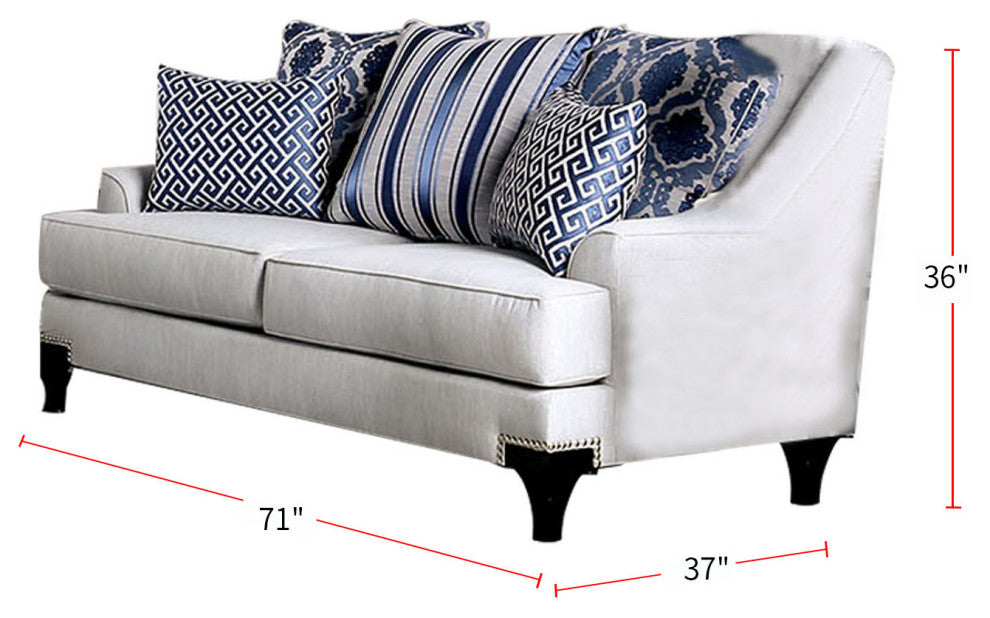 Chenille And Wooden Love Seat with Sloped Arms Design, Light Gray