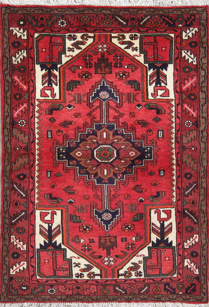 Hamedan Geometric Persian Handmade Oriental Traditional Area Rug, Red, 4'7"X3'3"