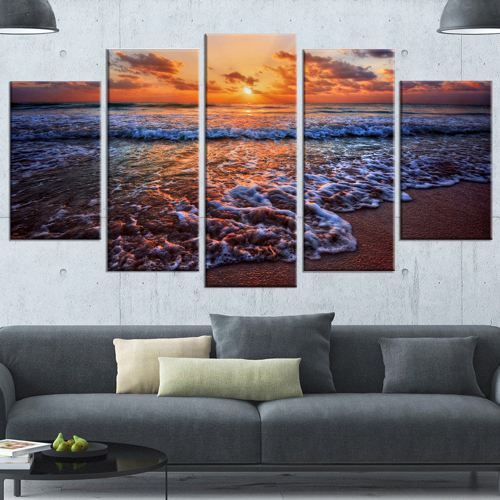 Roaring Sea Wavers during Sunset, Seashore Canvas Art Print, 60"x32", 5 Panels