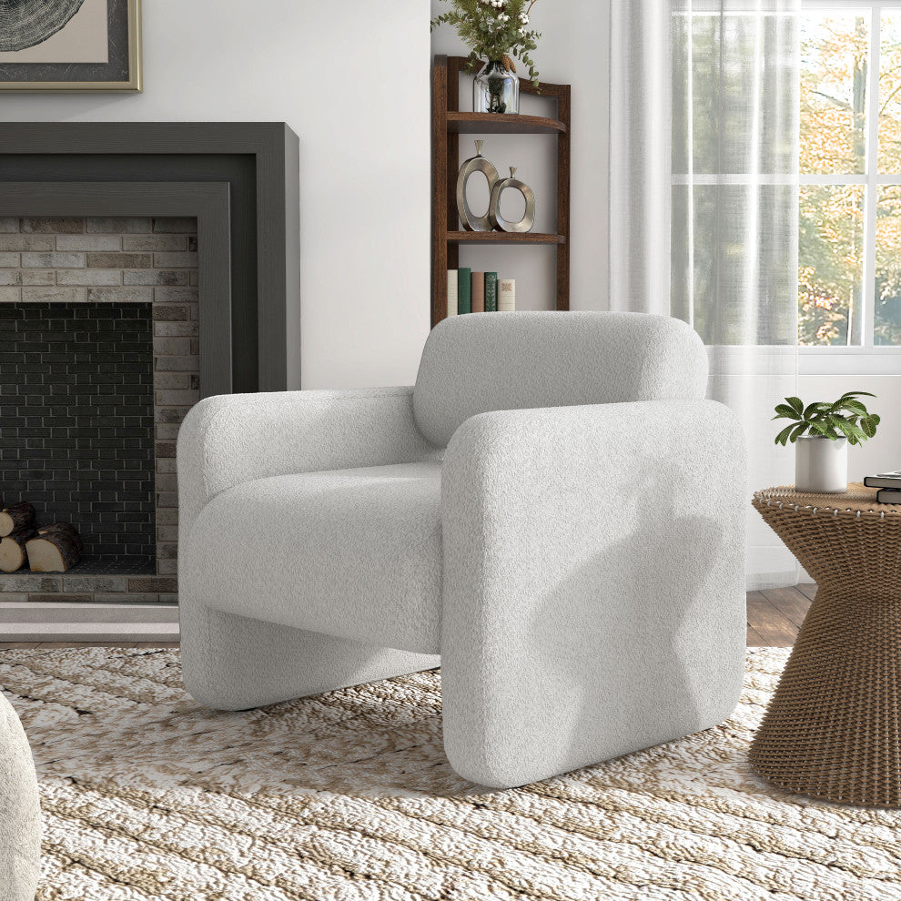 Cindy Boho Boucle Upholstered Accent Arm Chair, White