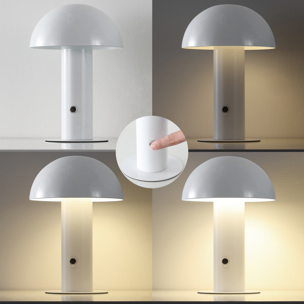 Boletus 10.75" Rechargeable/Cordless Iron Integrated Mushroom Table Lamp, White