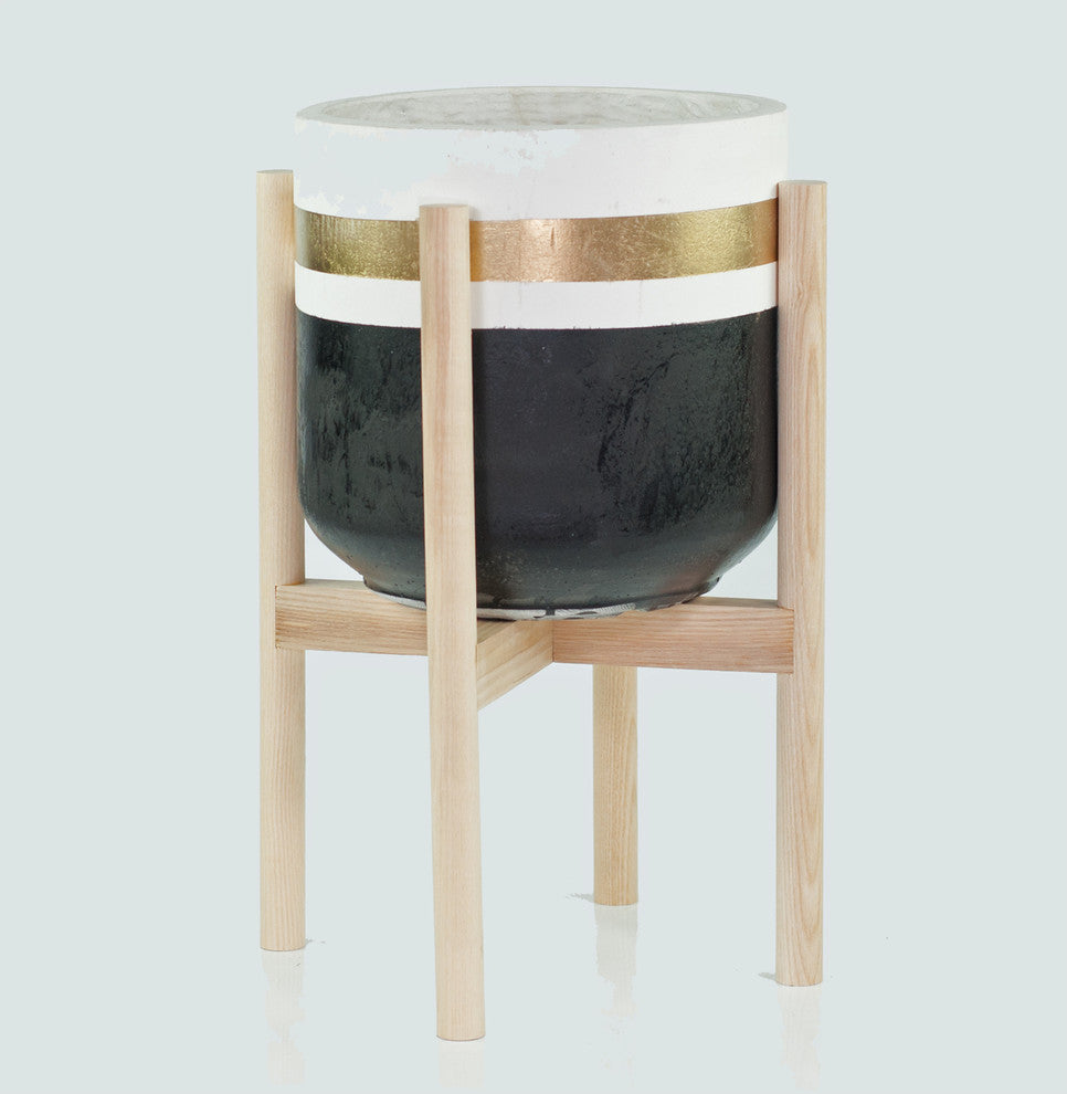 Large Handcrafted Fiber Clay Pot 10'''' With Wood Plant Stand Natural Color(Ash)