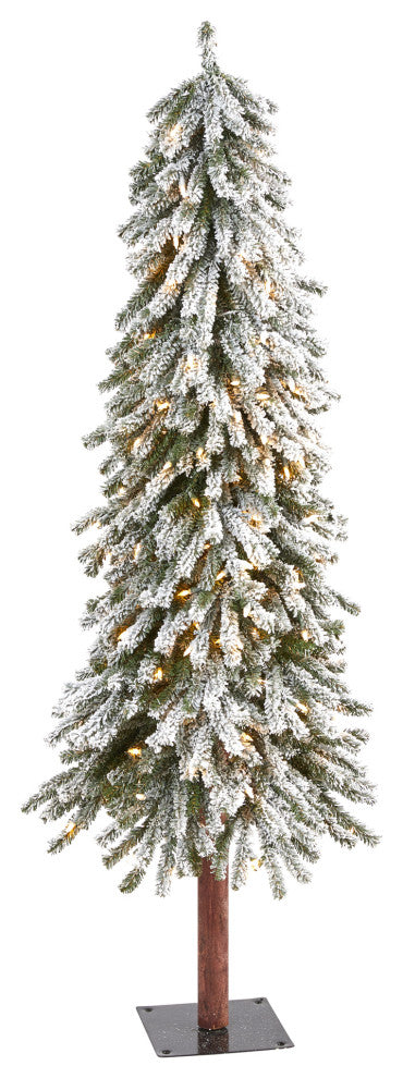 5' Flocked Grand Alpine Faux Xmas Tree W/Lights, Bendable Branches
