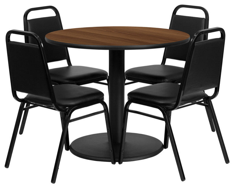 36'' Round Natural Laminate Table Set W/4 Black Trapezoidal Back Chairs