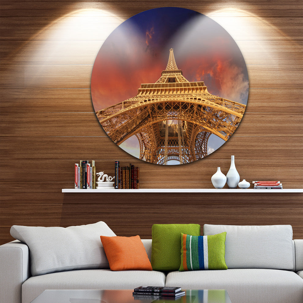 Beautiful View Of Paris Eiffel Tower Under Red Sky, Disc Wall Art, 36"