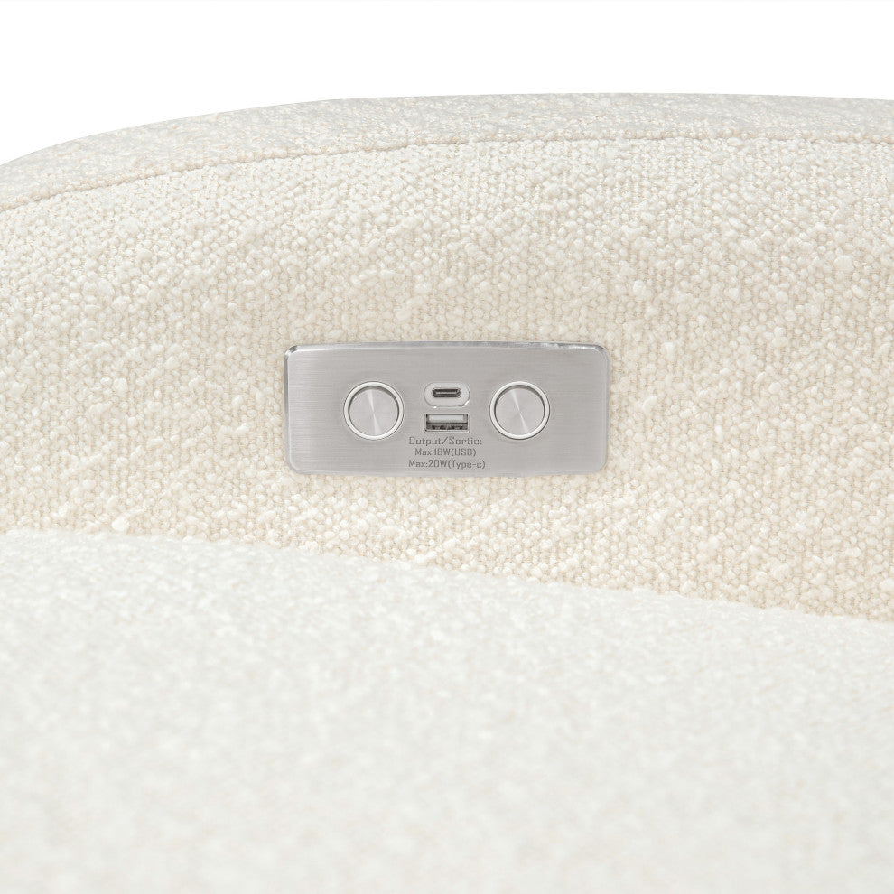 Nami Electronic Recliner and Swivel Glider Recliner, Boucle With USB port, Ivory Boucle With Light Wood Base