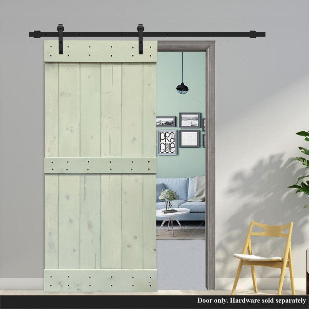 Stained Solid Pine Wood Sliding Barn Door, Sage Green, 24"x84", Mid-Bar