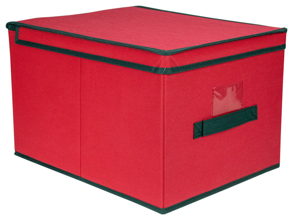 16" Red and Green Collapsible Christmas Decoration Storage Box With Handel