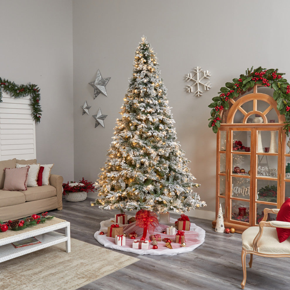 10' Flocked Vermont Mixed Pine Artificial Christmas Tree With 800 LED Lights