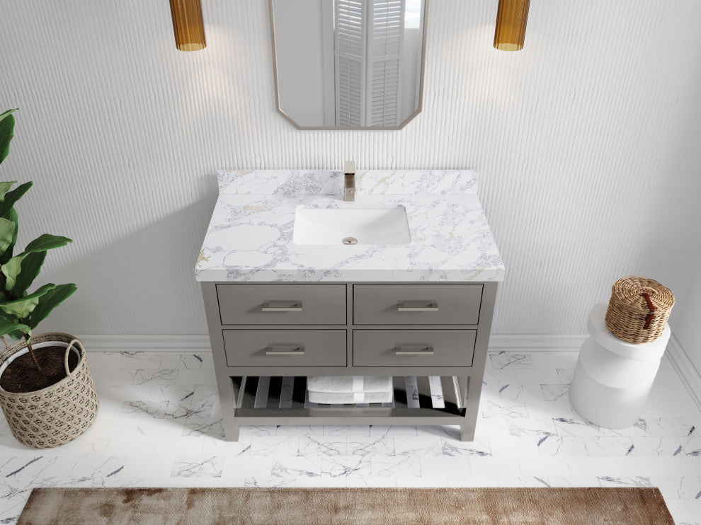 Parker 42" Single Sink Bath Vanity, Elephant Skin Gray 2" Calacatta Poanazzo