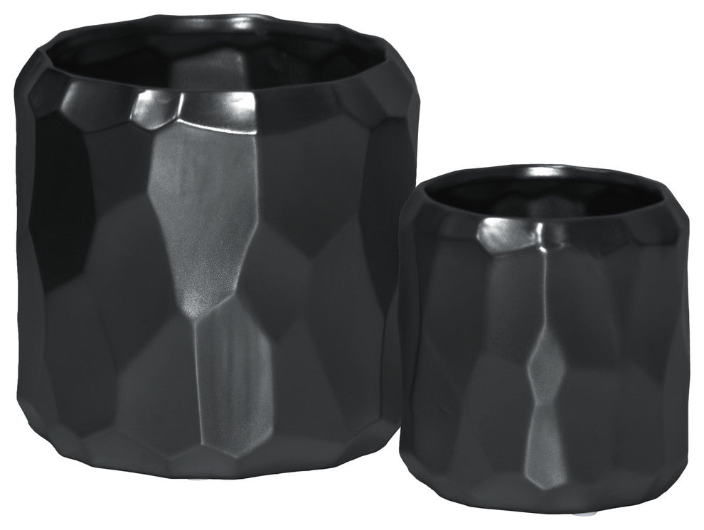 Cylindrical Pots, Wide Mouth and Embossed Irregular Patterns, 2-Piece Set, Black