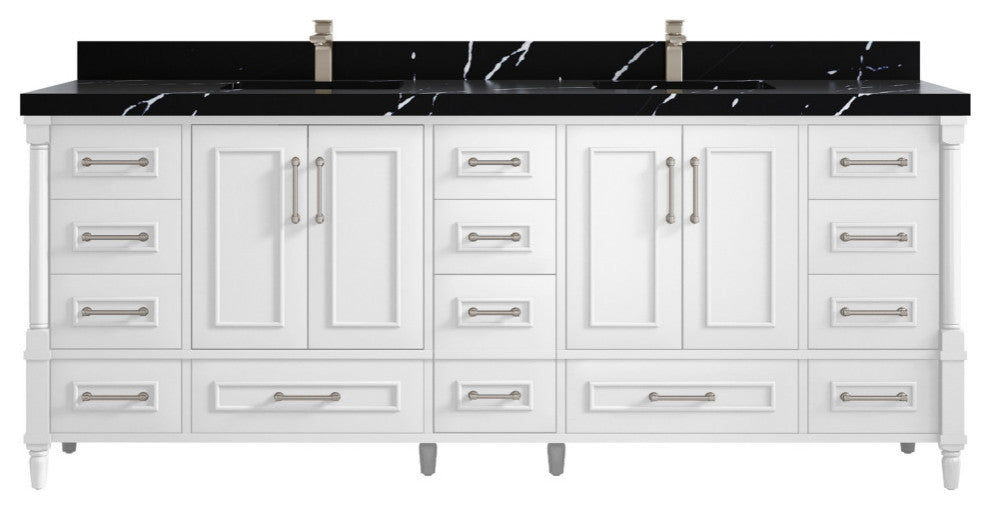 Aberdeen 84 Double Sink Bath Vanity in White 2" Calacatta Black