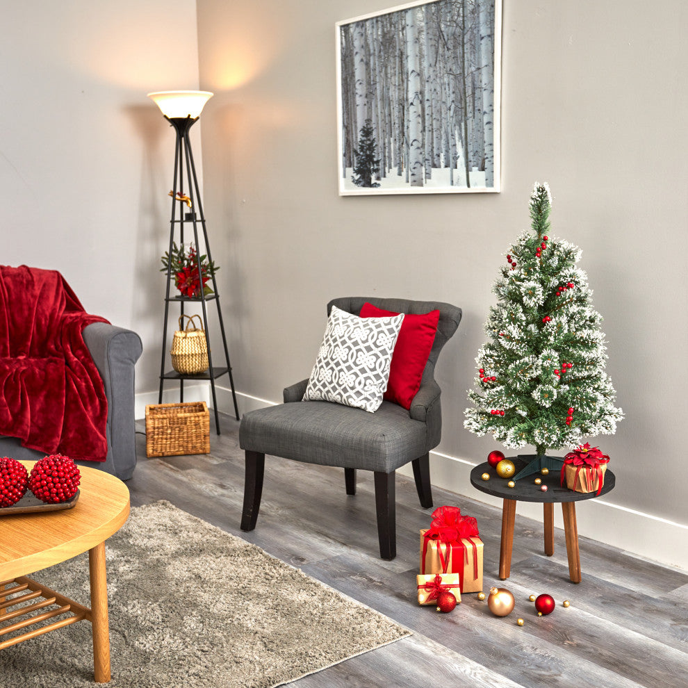 3' Frosted Swiss Pine Faux Christmas Tree With 50 Clear LED Lights and Berries