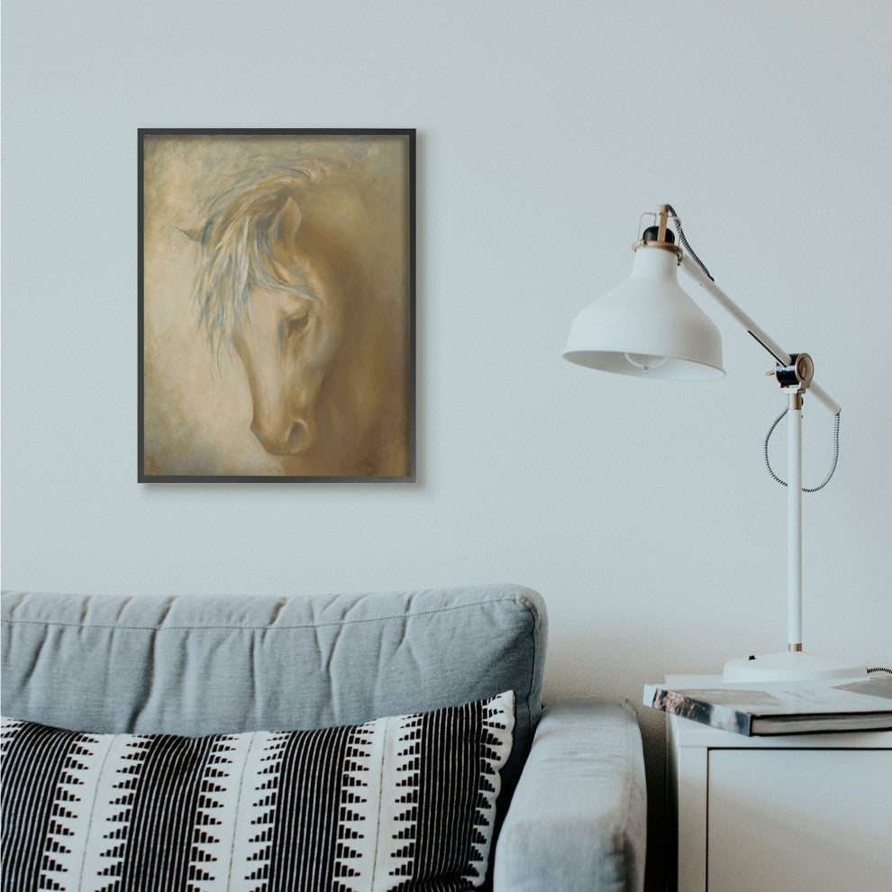 Horse Portrait Blue Yellow Animal Painting, 24"x30", Black Frame