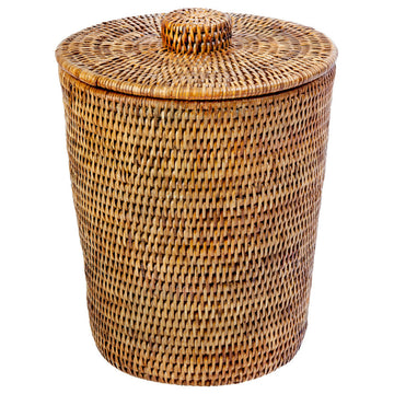La Jolla Rattan Round Waste Basket With Plastic Insert and Lid, Honey-Brown