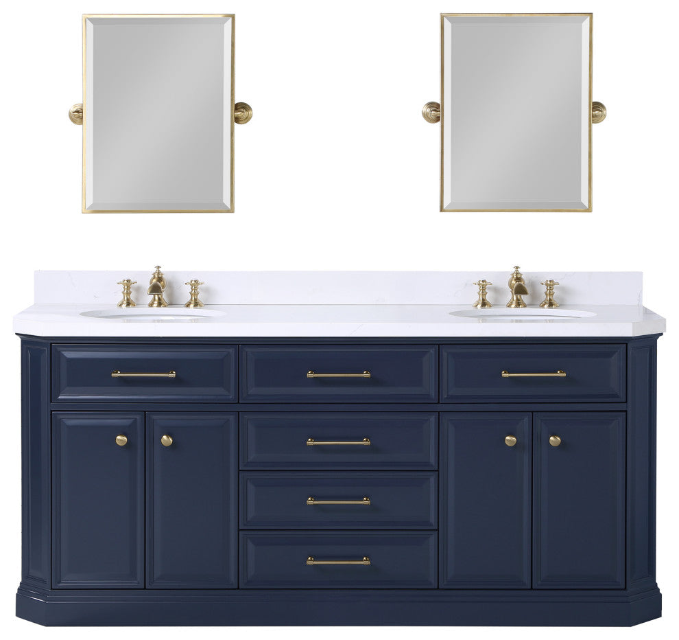 Palace 72" Double Sink White Quartz Top, Faucet, Mirror, Blue, F2-0013 Faucets