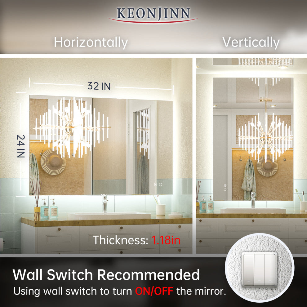 Backlit LED Mirror for Bathroom, Anti-Fog Dimmable, Silver, 40x28