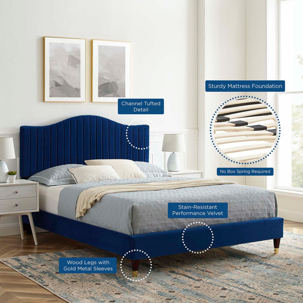 Tufted Platform Bed Frame, Full Size, Velvet, Blue Navy, Modern Contemporary