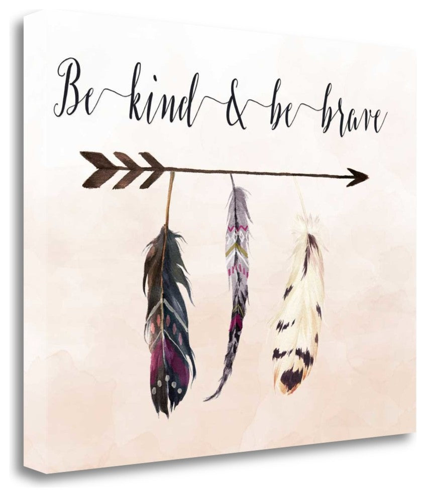 "Be Kind And Be Brave Feathers Cream" By Tara Moss, Gallery Wrap Canvas