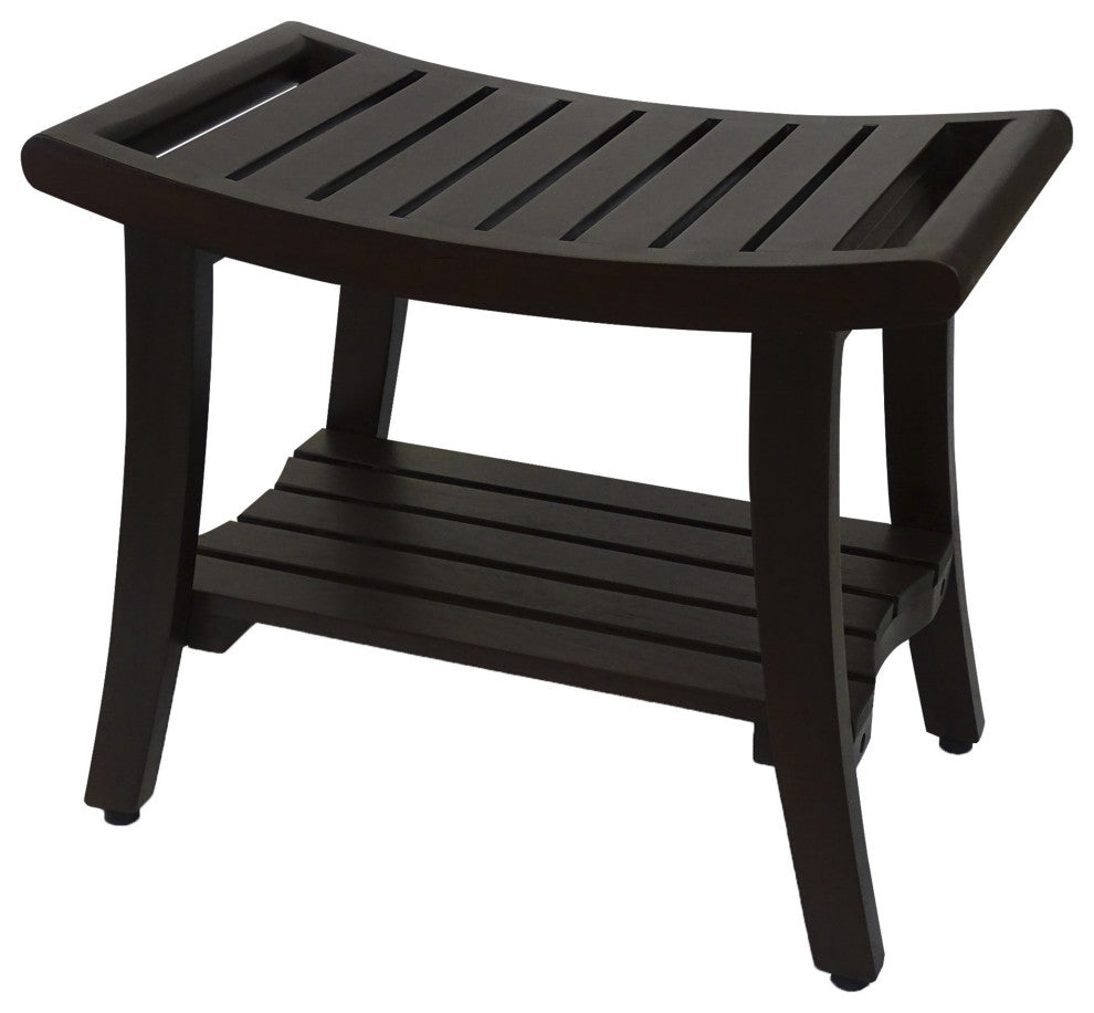 HomeRoots Contemporary Teak Shower Bench With Shelf and Handles, Brown Finish