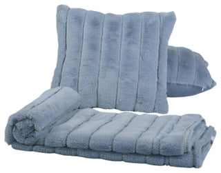 Rabbit Faux Fur Throw Blanket With 2 Pillows, Ashley Blue
