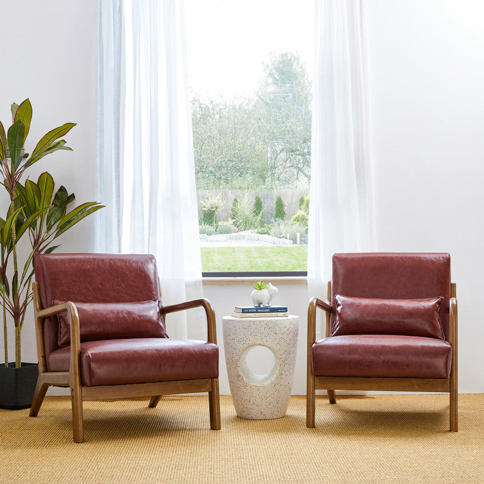 Mid-Century Modern Leatherette Accent Armchair, Set of 2, Burgundy