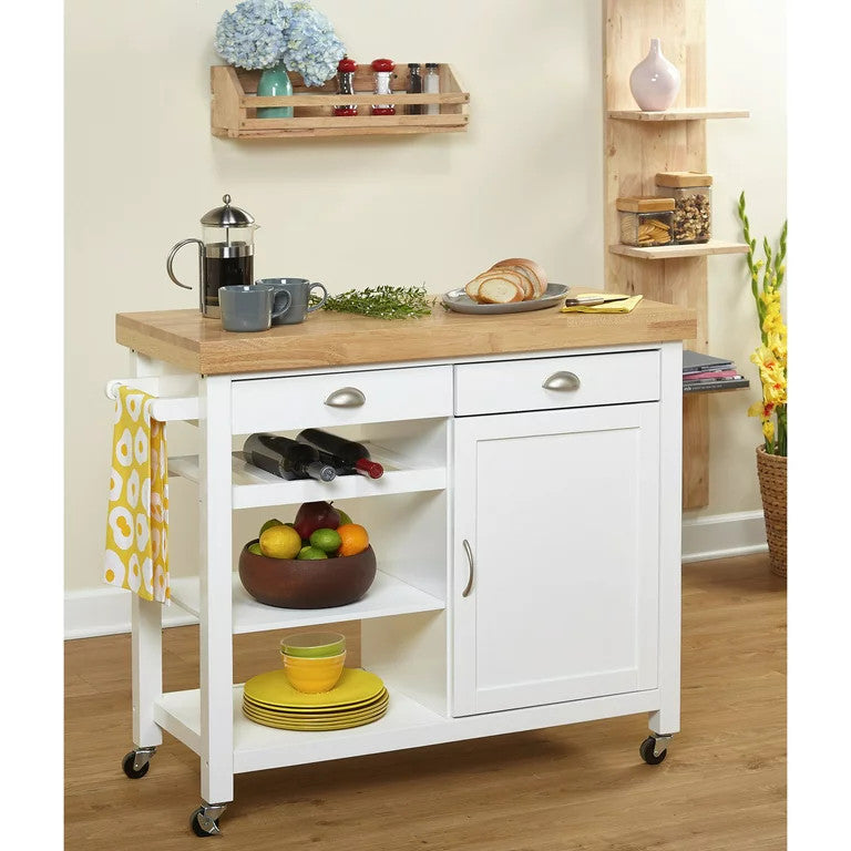 Modern Kitchen Cart, 3 Open Shelves & Storage Drawers With Natural Top, White