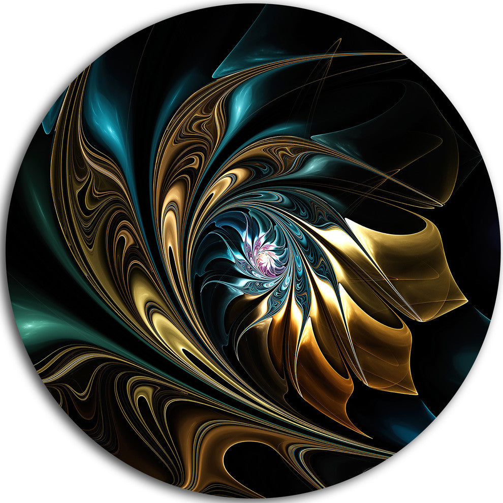 Designart 'Brown Blue Fractal Flower in Black' Abstract Disc Metal Wall art, Dis