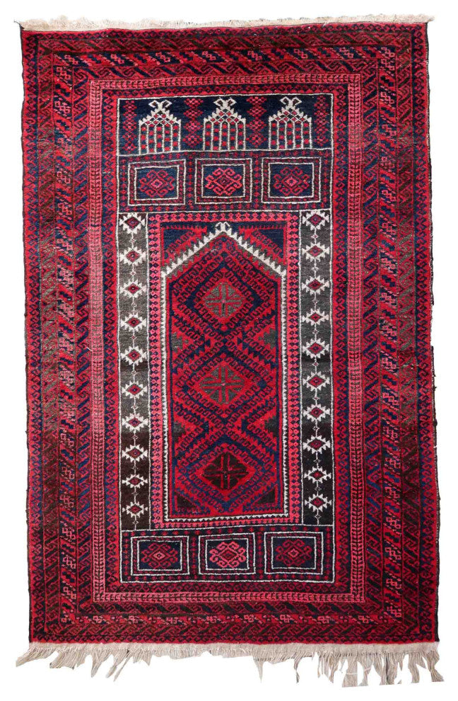 Handmade Vintage Afghan Baluch Prayer Rug 3'x4.9', 94cmx152cm 1940s