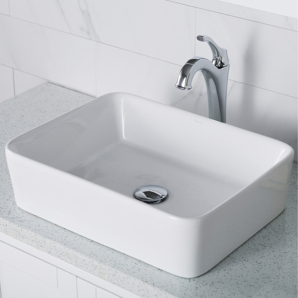Elavo Rectangle Ceramic Vessel Sink, Bathroom Arlo Faucet, Drain, Chrome
