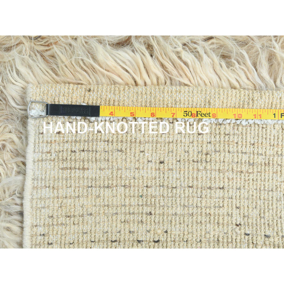 Beige, Shaggy Moroccan, Undyed Natural Wool Hand Knotted Rug, 3'1"x5'3"