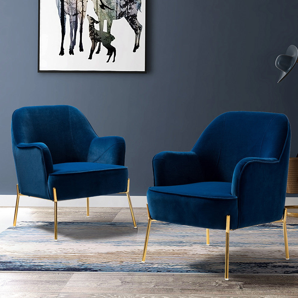 Nora Upholstered Velvet Accent Chair With Golden Base Set of 2, Navy