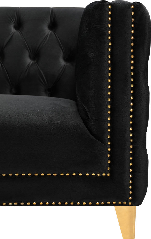 Michelle Fabric Upholstered Chair, Gold Iron Legs, Black, Velvet, Loveseat