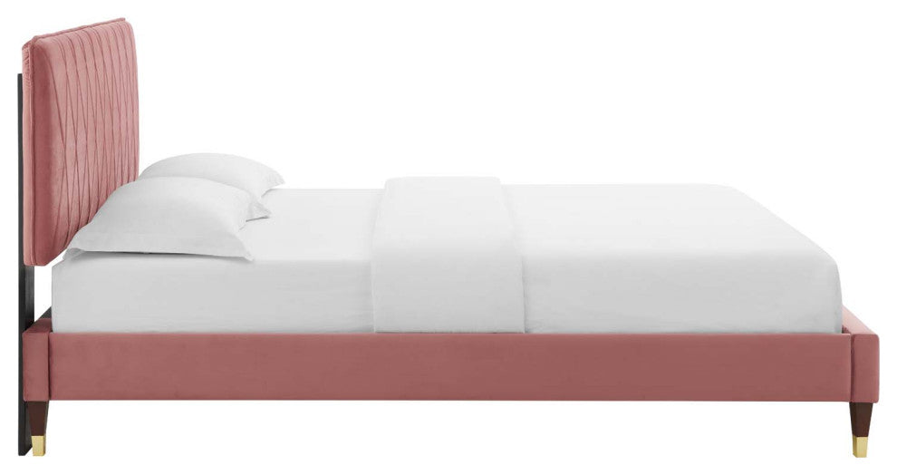 Platform Bed Frame, Queen Size, Velvet, Pink, Modern Contemporary, Bedroom
