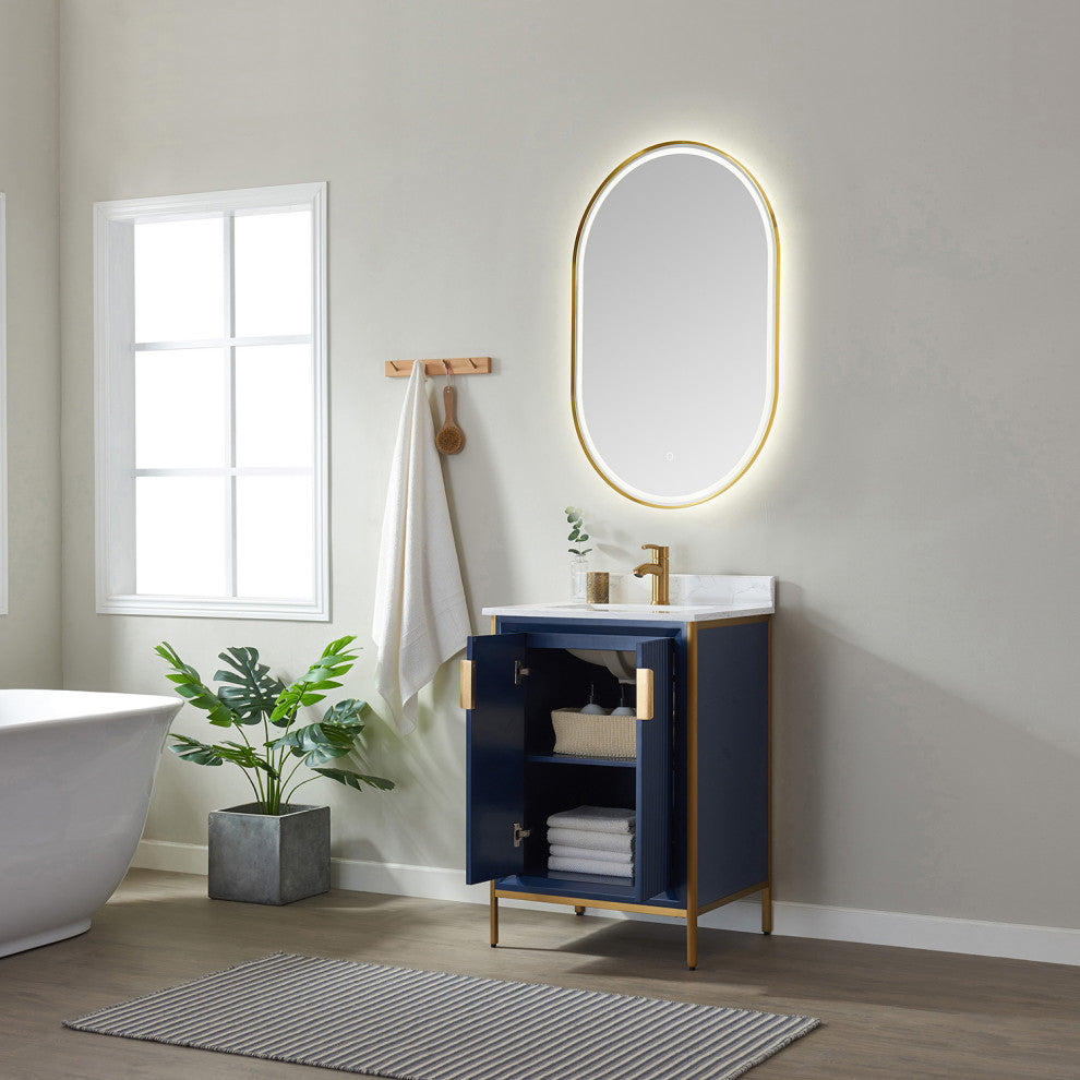 Granada Vanity With White Composite Stone Top, Royal Blue, 24", With Mirror