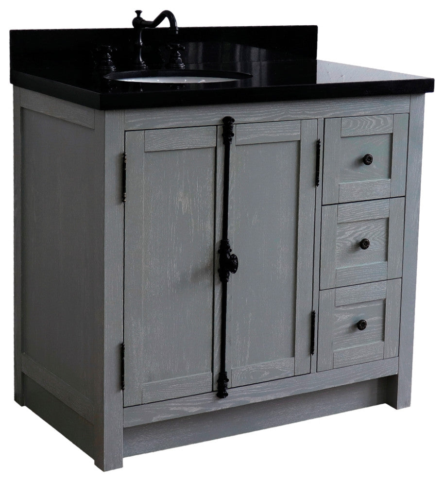 37" Single Vanity, Gray Ash With Black Galaxy Top, Left Doors/Left Oval Sink