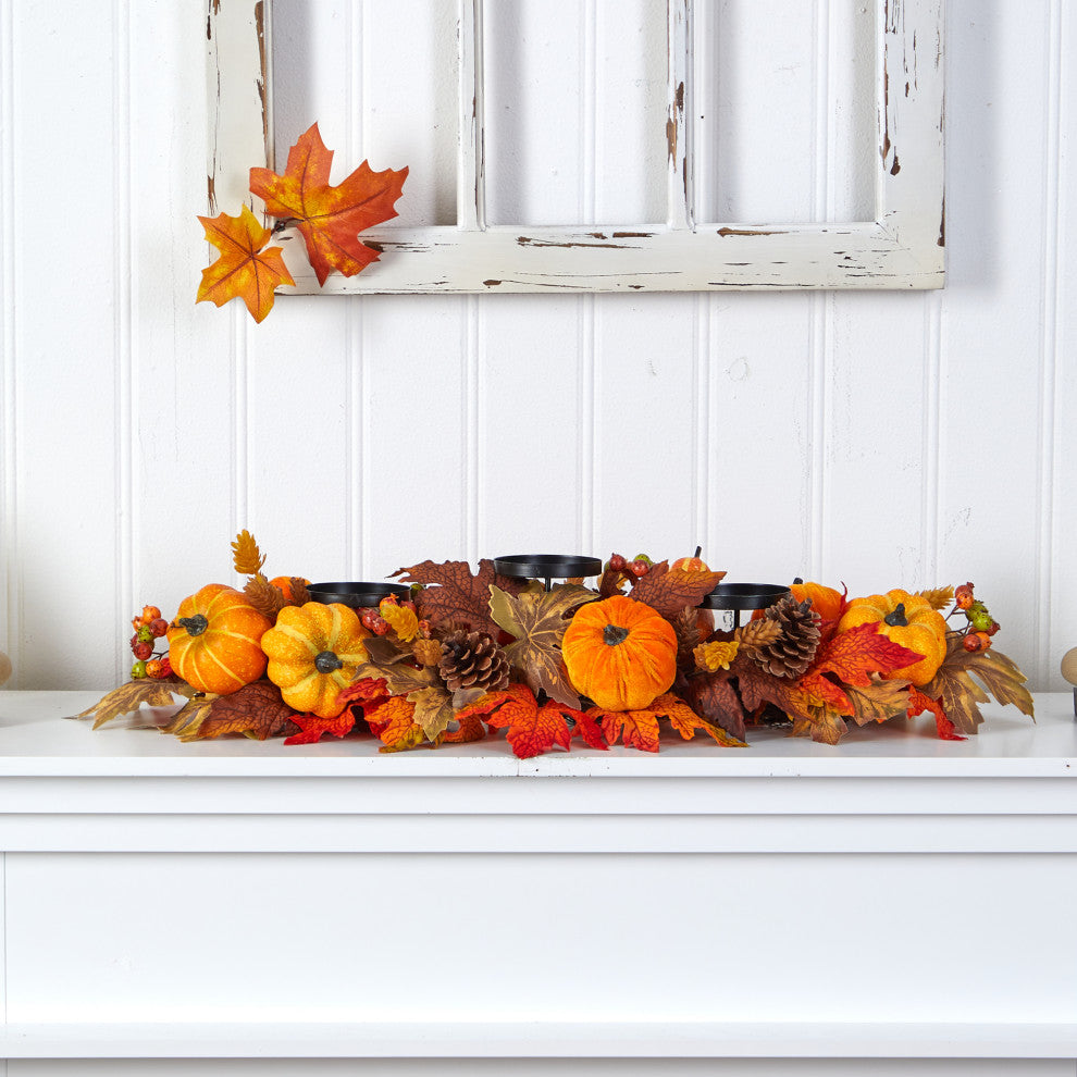 36" Autumn Maple Leaves, Pumpkin and Berries Harvest Candelabrum Arrangement