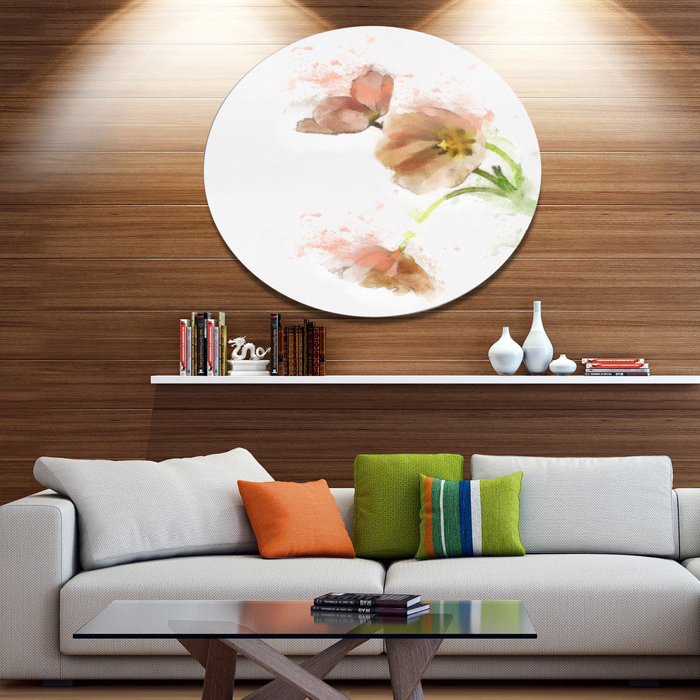Cute Tulips Illustration Watercolor, Floral Round Metal Wall Art, 23"