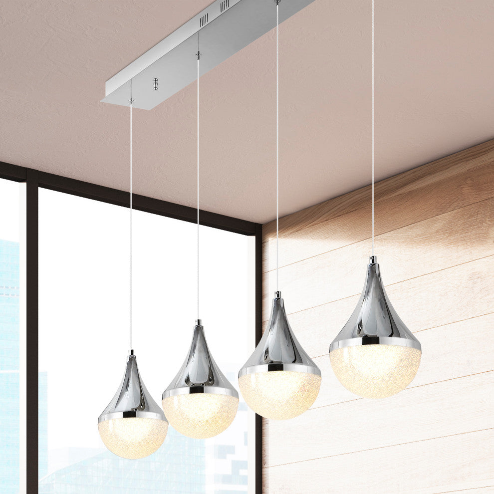 Elyse Teardrop 3-Light Iron/Acrylic Linear Pendant, Chrome/White, Width: 47"